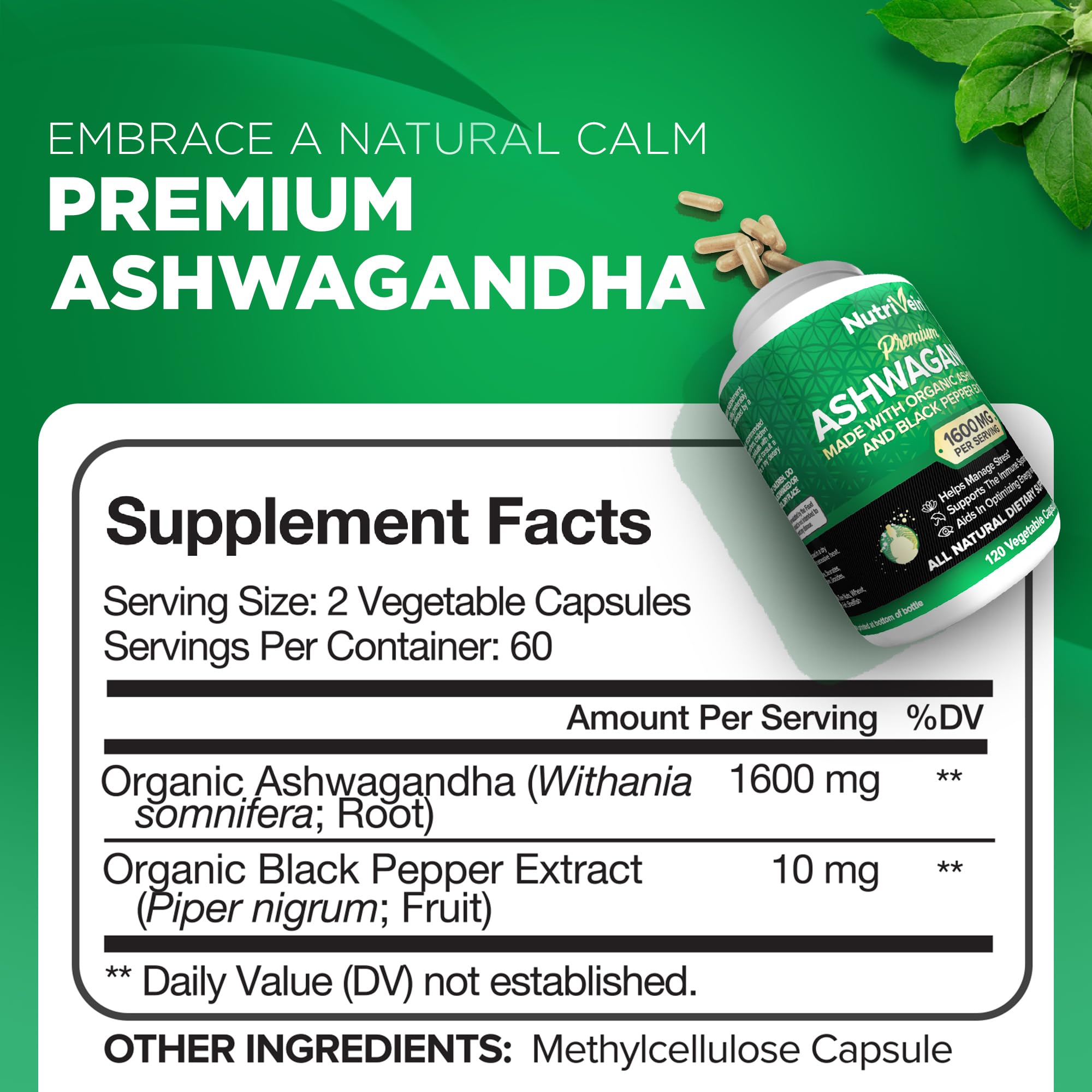 Foto 3 pulgar | Suplemento Nutrivein Organic Ashwagandha 1600 Mg 120 Cápsulas - Venta Internacional.