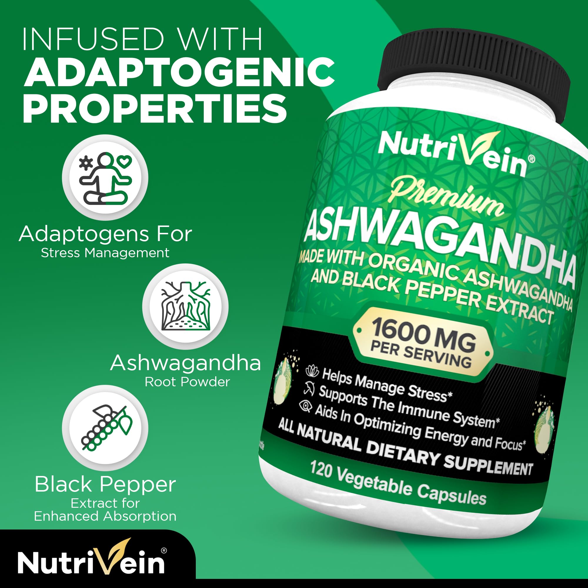 Foto 4 pulgar | Suplemento Nutrivein Organic Ashwagandha 1600 Mg 120 Cápsulas - Venta Internacional.