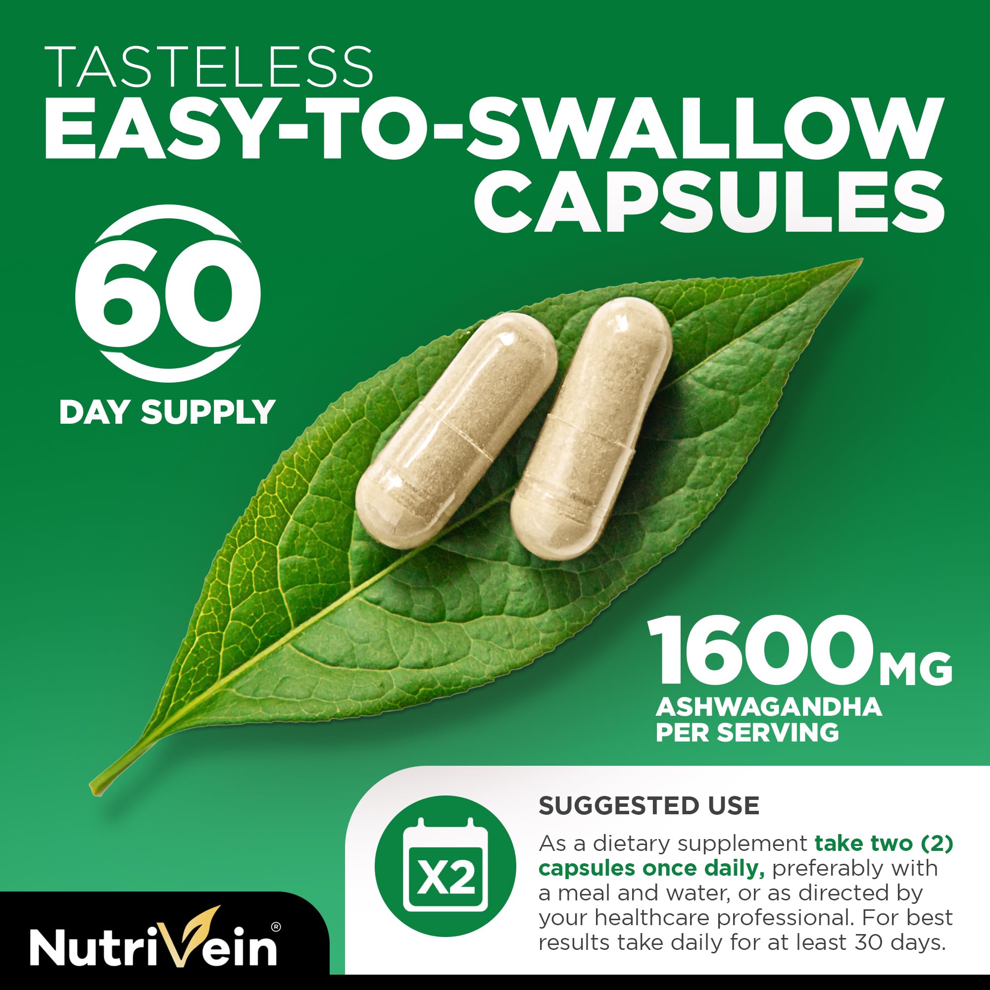 Foto 6 pulgar | Suplemento Nutrivein Organic Ashwagandha 1600 Mg 120 Cápsulas - Venta Internacional.