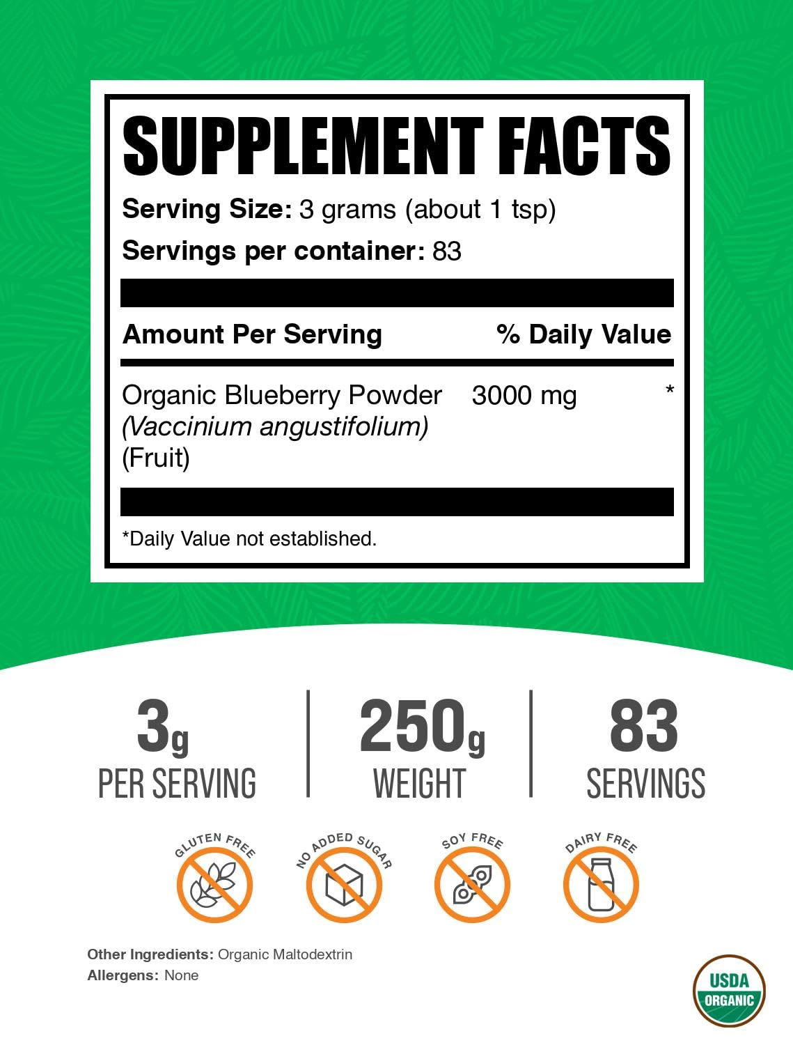 Foto 3 pulgar | Suplemento De Arándanos Bulksupplements.com Orgánico 250 G - Venta Internacional.