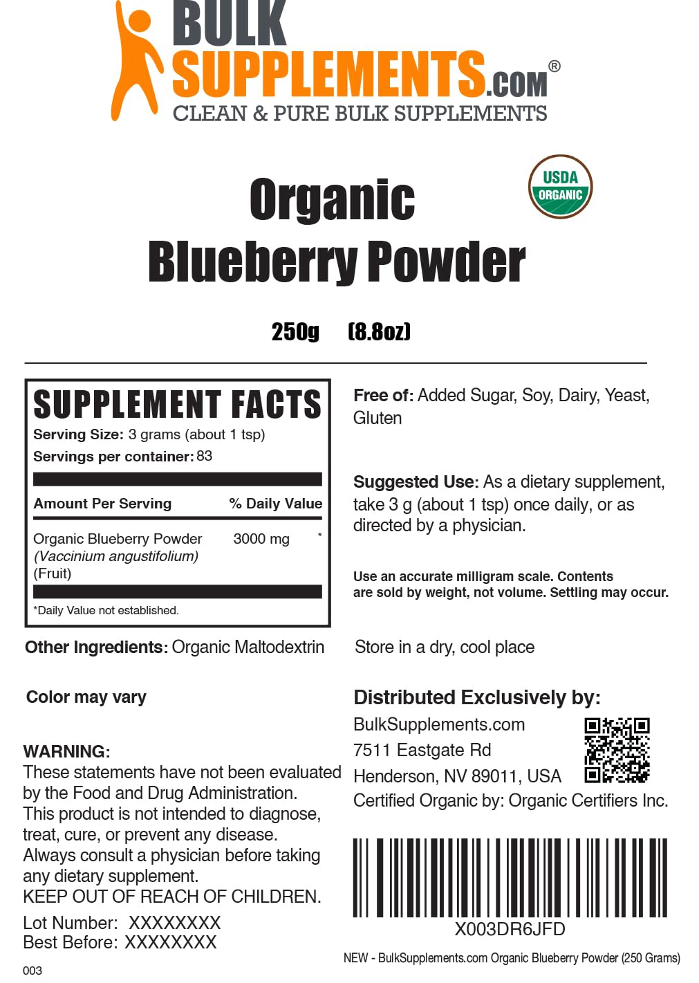 Foto 6 | Suplemento De Arándanos Bulksupplements.com Orgánico 250 G - Venta Internacional.