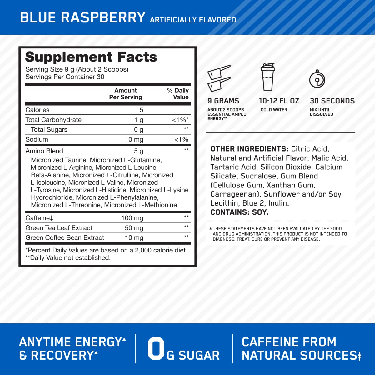 Foto 4 pulgar | Suplemento Optimum Nutrition Amino Energy Blue Raspberry 30s - Venta Internacional.