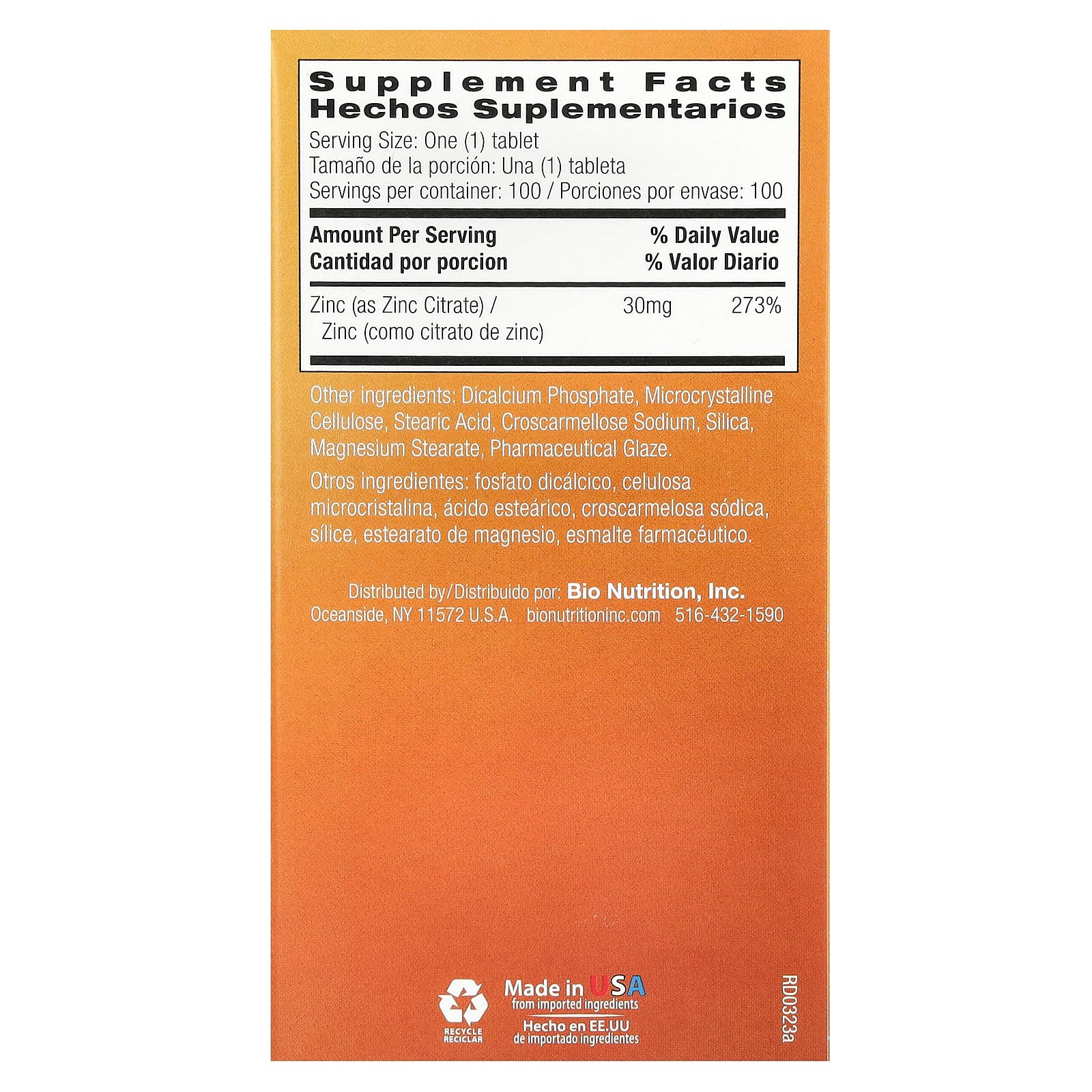 Foto 3 pulgar | Suplemento Bio Nutrition Citrato De Zinc 30 Mg 100 Comprimidos - Venta Internacional.
