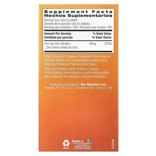 Foto 2 | Suplemento Bio Nutrition Citrato De Zinc 30 Mg 100 Comprimidos - Venta Internacional.