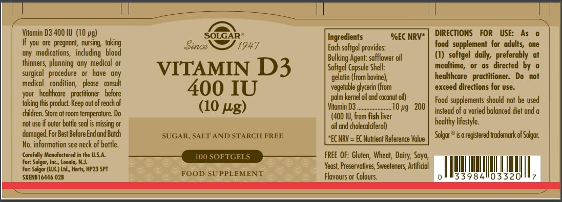 Foto 3 pulgar | Suplemento Solgar De Vitamina D3 250 Mcg (10 000 Ui) 100 Cápsulas Blandas - Venta Internacional.