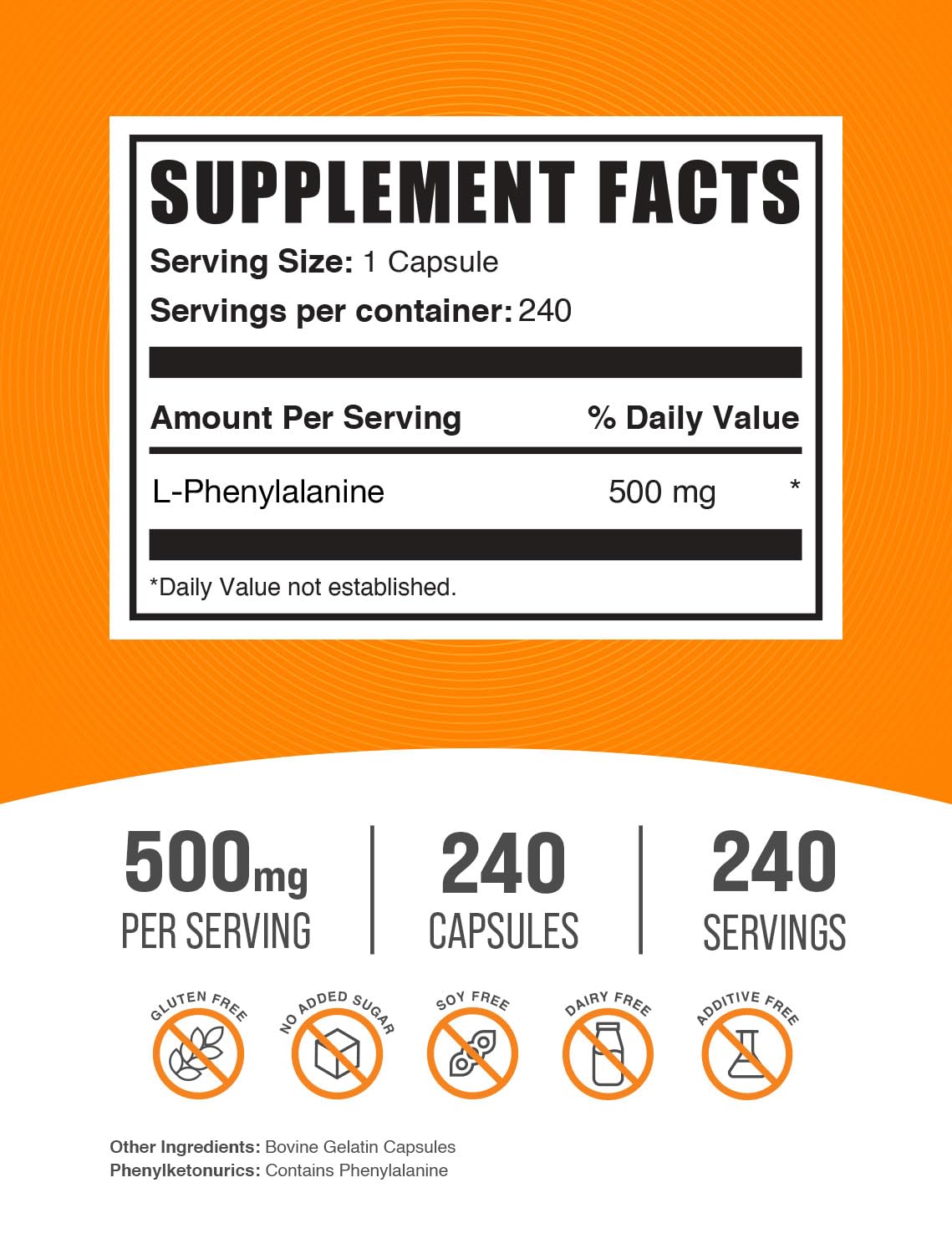 Foto 3 pulgar | Suplemento Bulksupplements.com L-fenilalanina 500 Mg X240 - Venta Internacional.