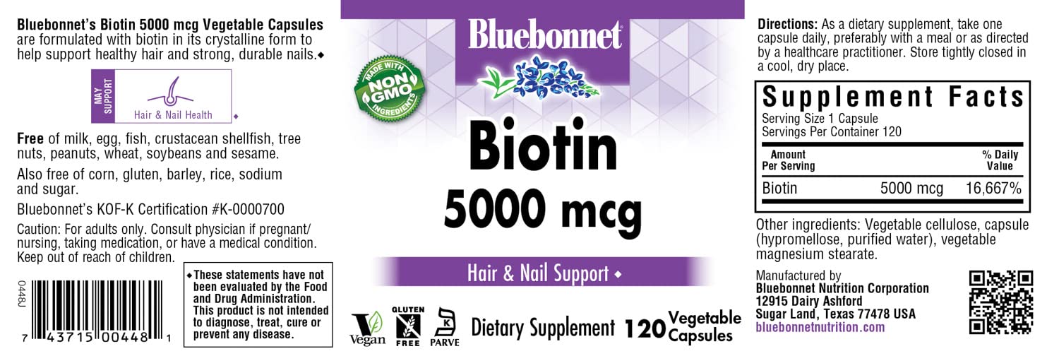 Foto 3 pulgar | Suplemento Bluebonnet Nutrition Biotina 5000 Mcg 120 Cápsulas - Venta Internacional.