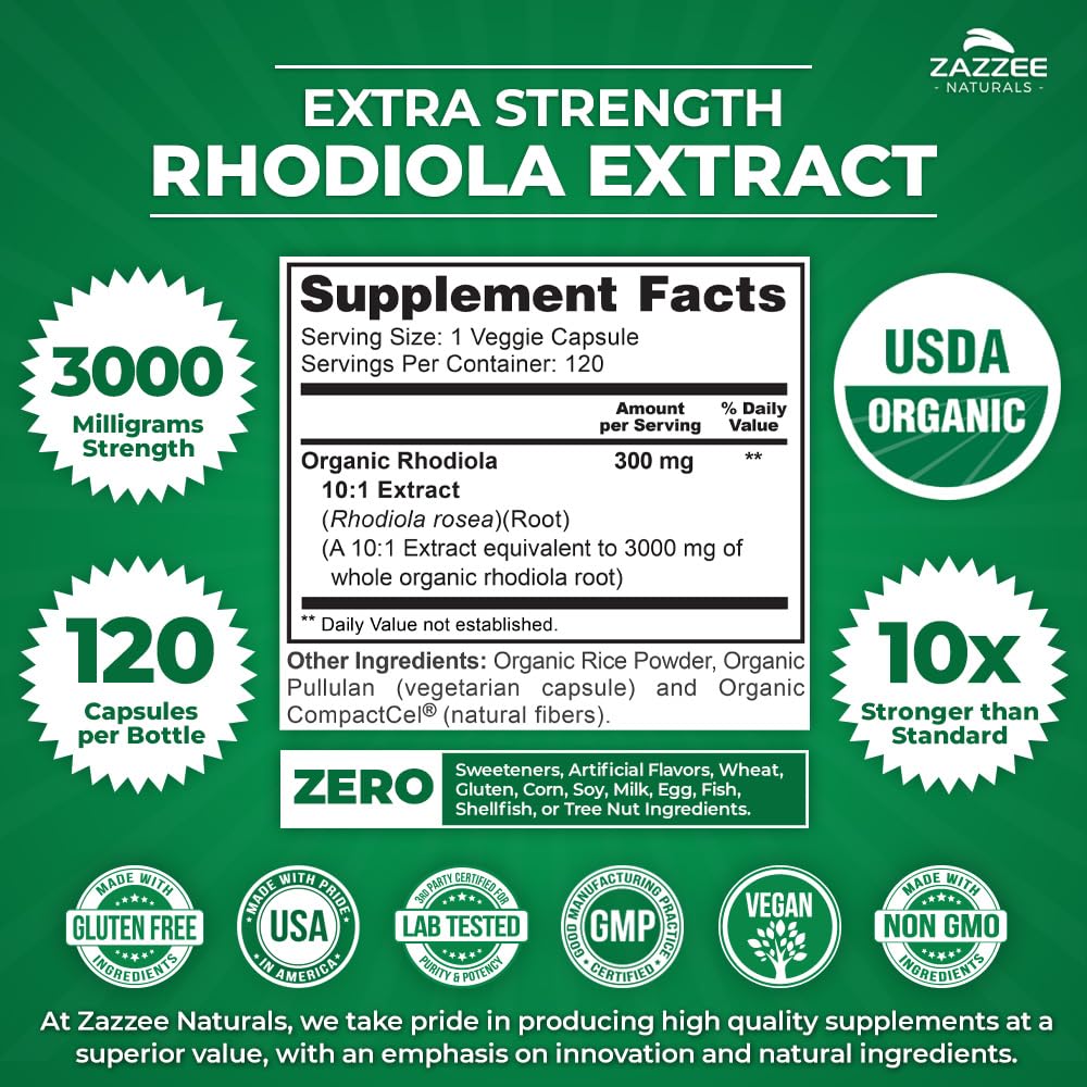 Foto 4 pulgar | Suplemento De Extracto De Rodiola Orgánico Del Usda De Zazzee, 3000 Mg, 120 Cápsulas - Venta Internacional.