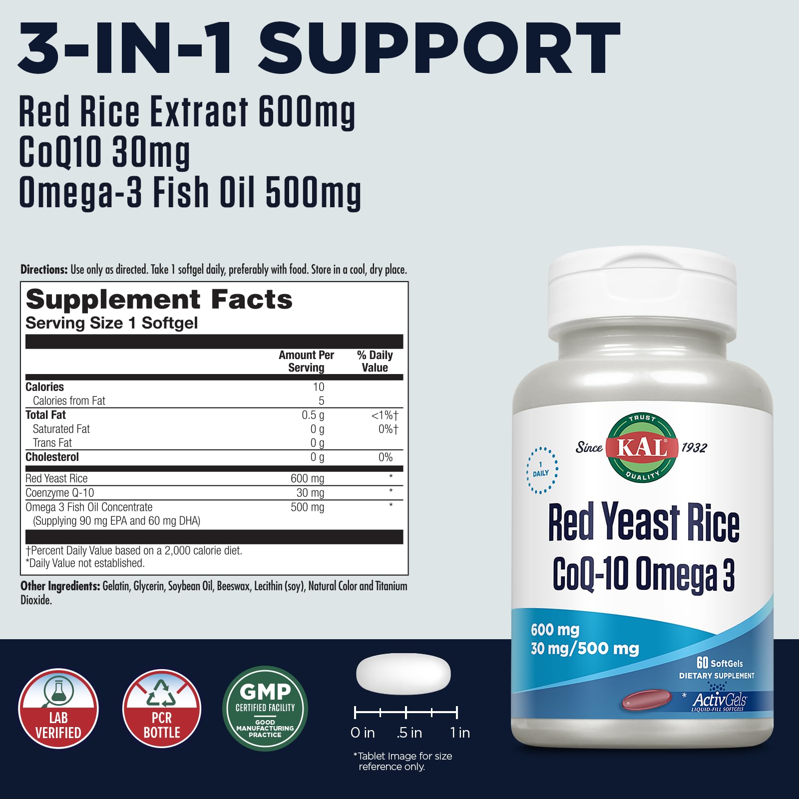 Foto 3 pulgar | Suplemento Kal De Levadura Roja De Arroz, Coq10, Omega 3, 60 Cápsulas Blandas - Venta Internacional.