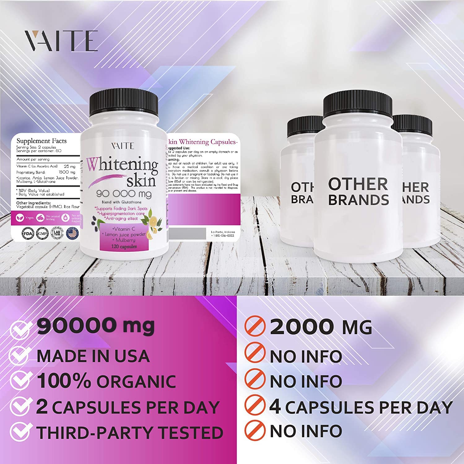 Foto 3 pulgar | Suplemento Vaite Para Blanquear El Glutatión, 9000 Mg, 120 Cápsulas - Venta Internacional.