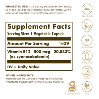 Foto 2 | Suplemento Solgar De Vitamina B12, 500 Mcg, 100 Cápsulas Vegetales - Venta Internacional.