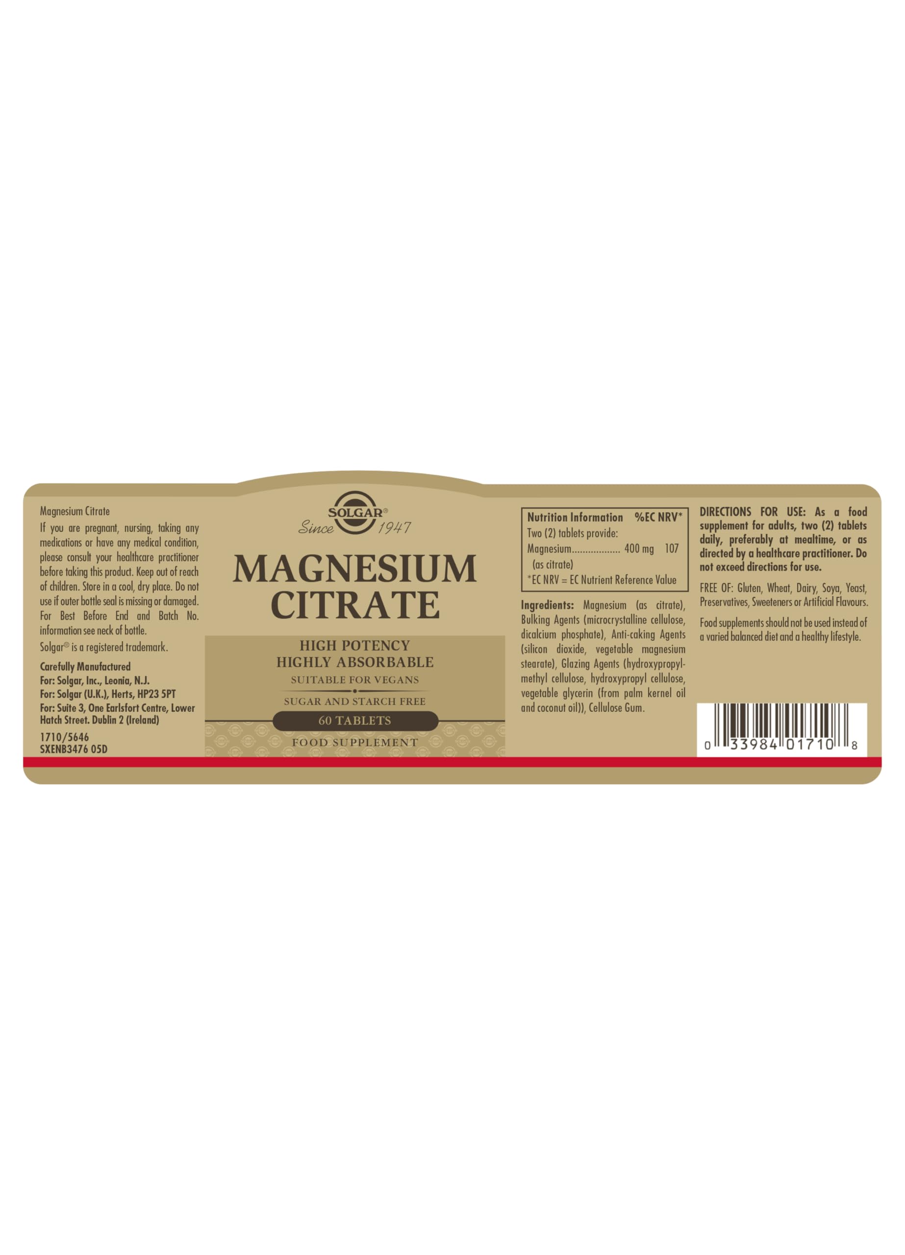 Foto 2 | Suplemento De Citrato De Magnesio Solgar 420 Mg 60 Tabletas - Venta Internacional.