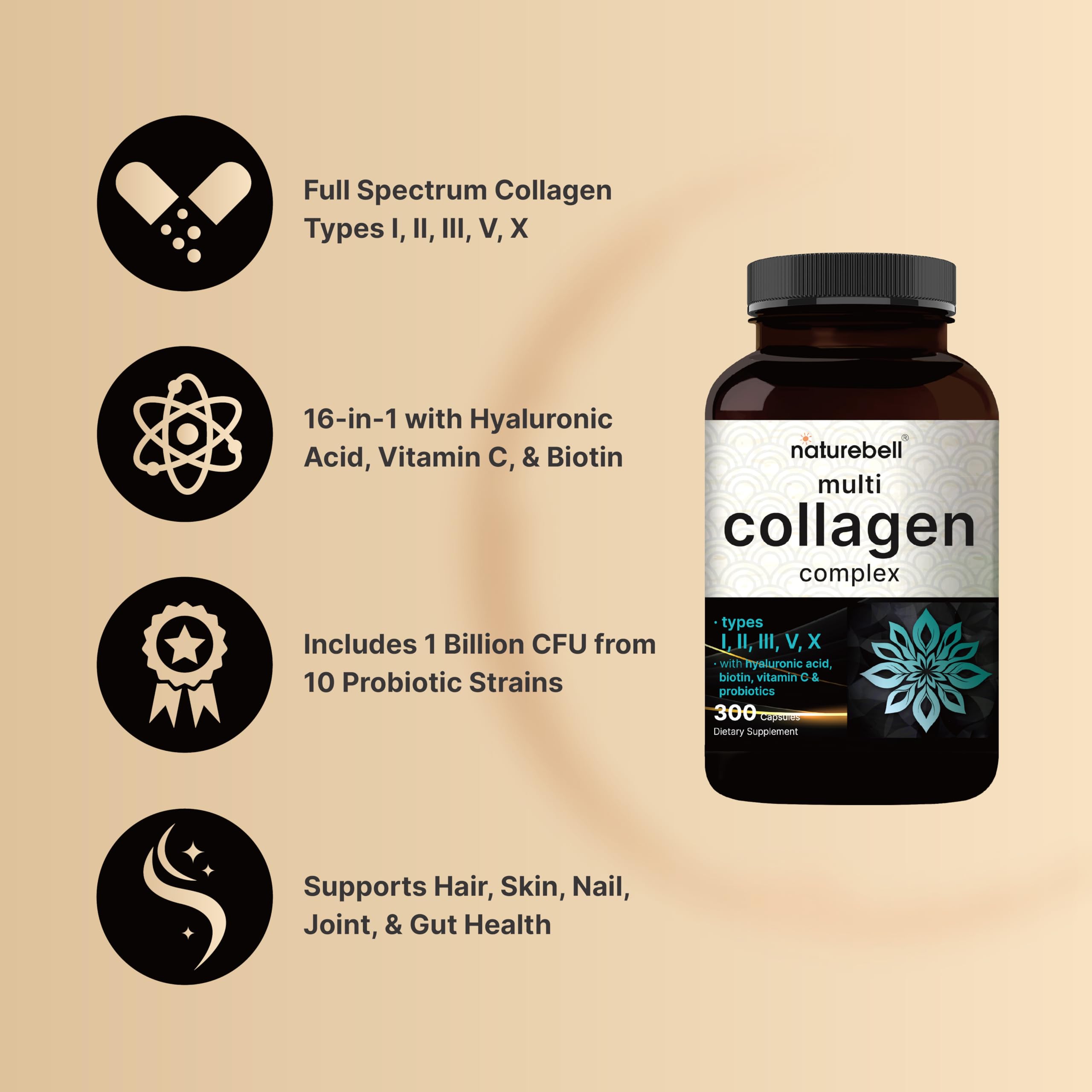 Foto 4 pulgar | Suplemento Naturebell Multi Collagen Complex 300 Cápsulas - Venta Internacional.