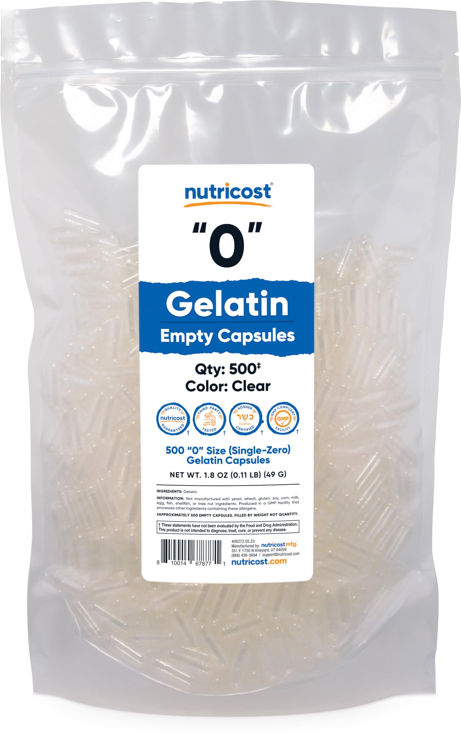 Foto 2 pulgar | Cápsulas Vacías De Gelatina Tamaño 0-500 Clear Nutricost - Venta Internacional.