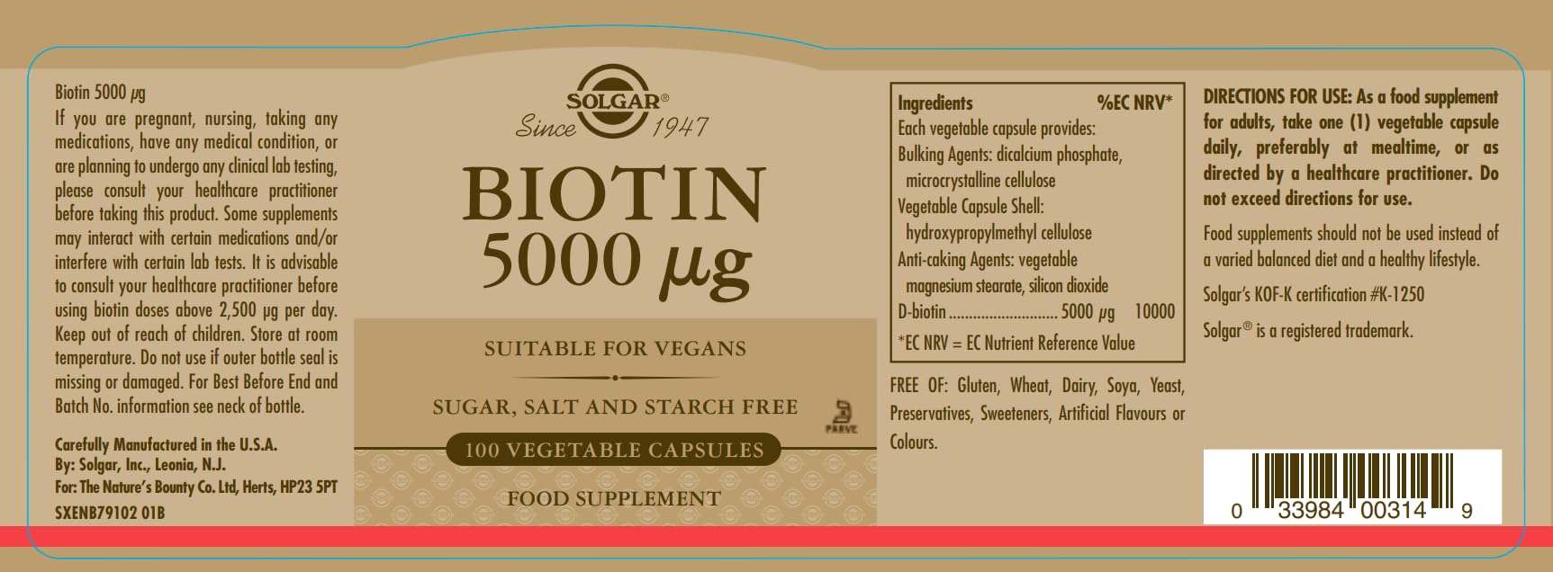 Foto 2 | Suplemento Solgar Biotina De 5000 Mcg, 100 Cápsulas Vegetarianas Para Piel Y Cabello - Venta Internacional.