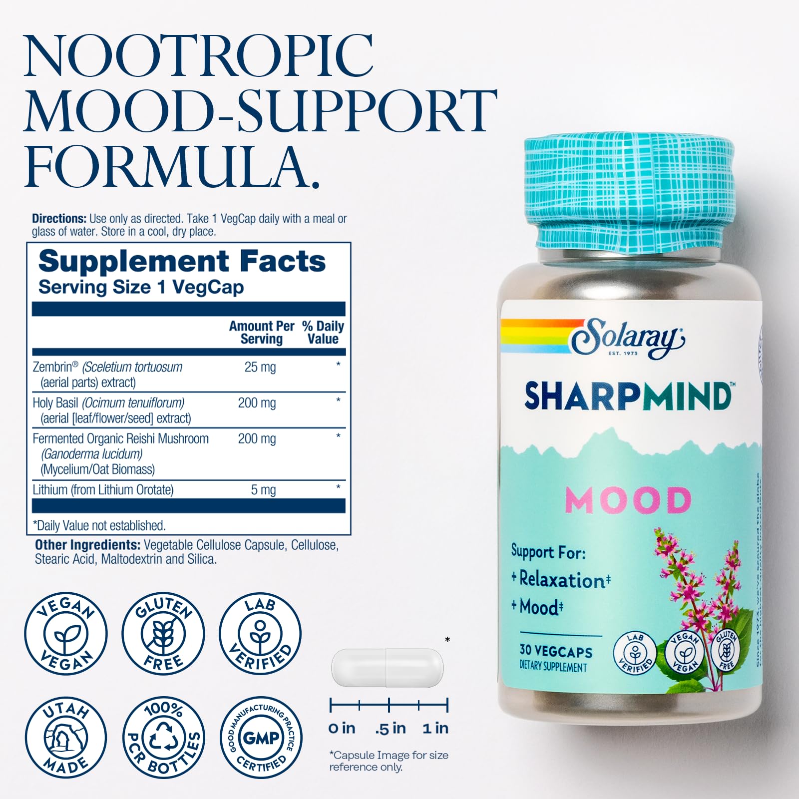 Foto 2 | Suplemento Solaray Sharpmind Mood Support 30 Cápsulas Vegetarianas - Venta Internacional.
