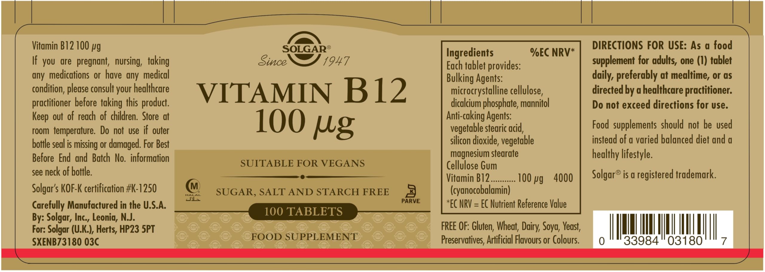 Foto 3 pulgar | Suplemento Solgar De Vitamina B12 100 Mcg 100 Comprimidos - Venta Internacional.