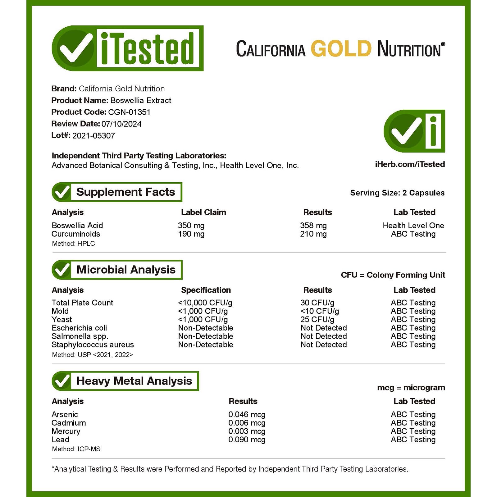 Foto 5 pulgar | Suplemento De Extracto De Boswellia De California Gold Nutrition 500 Mg - Venta Internacional.