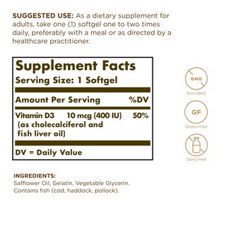 Foto 2 | Suplemento Solgar De Vitamina D3, 10 Mcg (400 Ui), 250 Cápsulas Blandas - Venta Internacional.