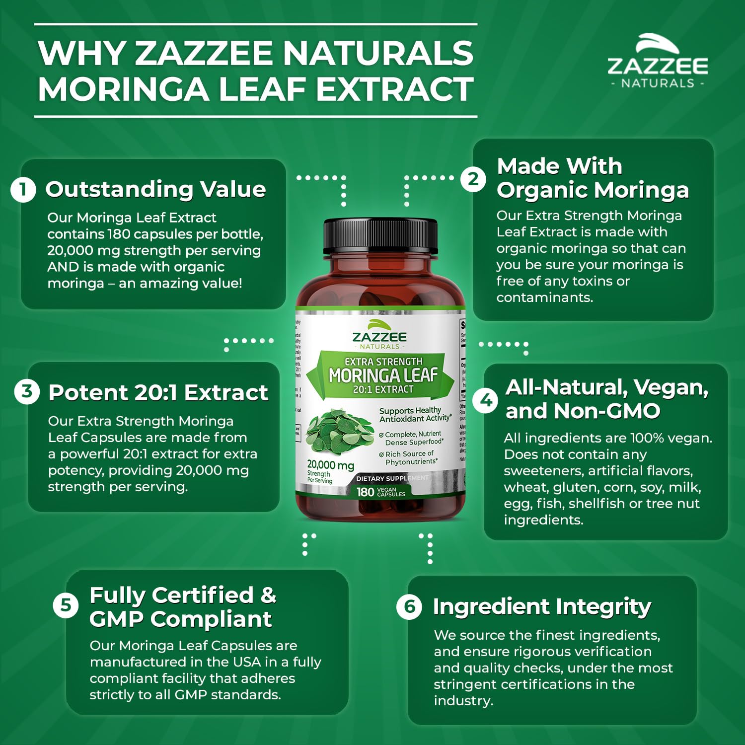 Foto 6 | Suplemento De Extracto De Moringa Orgánico De Zazzee, 20,000 Mg, 180 Cápsulas - Venta Internacional.