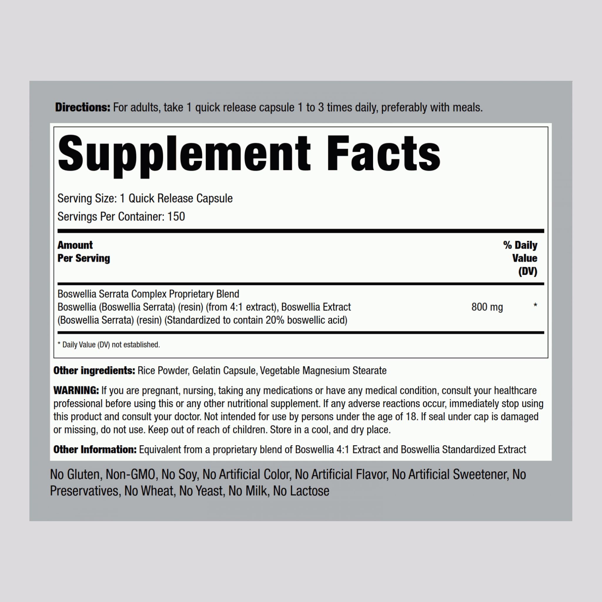 Foto 3 pulgar | Suplemento De Extracto De Boswellia Serrata De Piping Rock 800 Mg 150 Cápsulas - Venta Internacional.