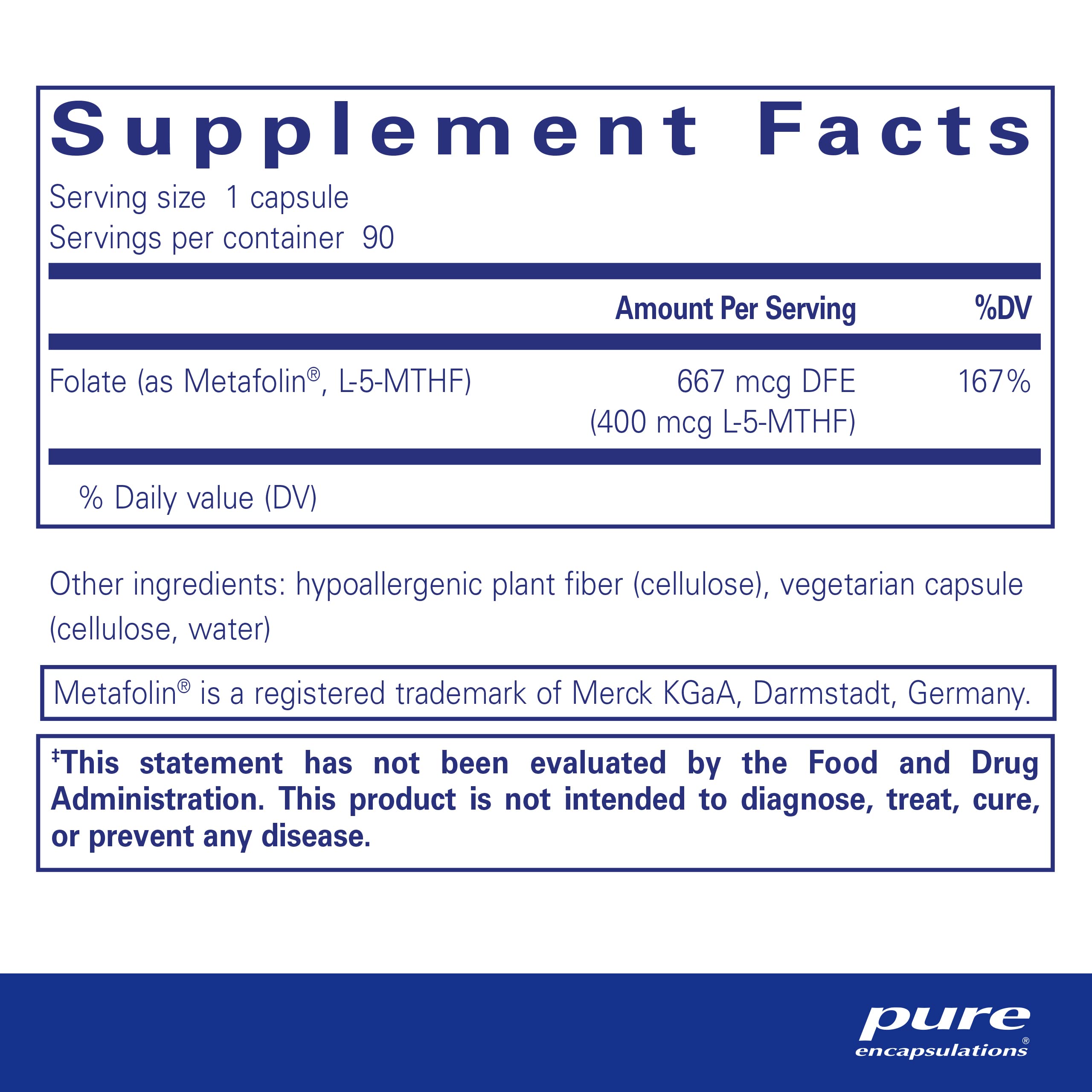 Foto 3 pulgar | Suplemento Pure Encapsulations Folate 400 Metafolin L-5-mthf - Venta Internacional.
