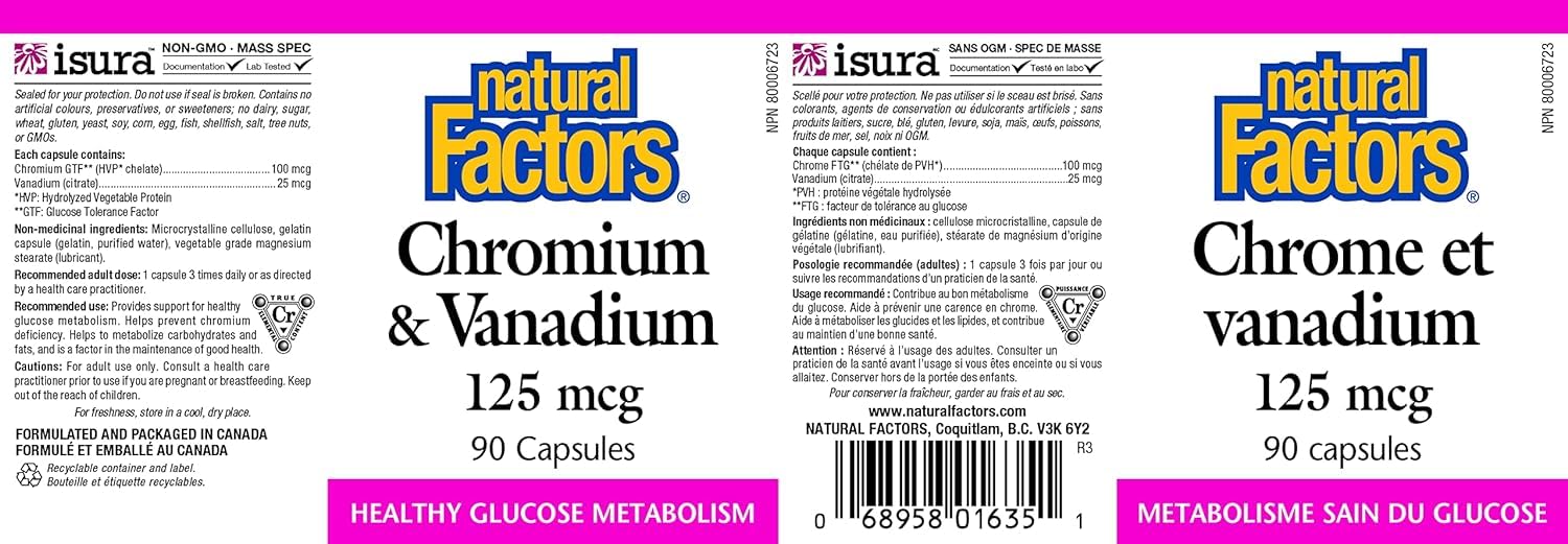 Foto 4 pulgar | Suplemento Natural Factors De Cromo Y Vanadio 125 Mcg 90 Cápsulas - Venta Internacional.