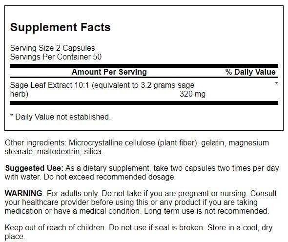 Foto 2 | Suplemento Herbal Extracto De Salvia De Swanson 160 Mg 100 Cápsulas - Venta Internacional.