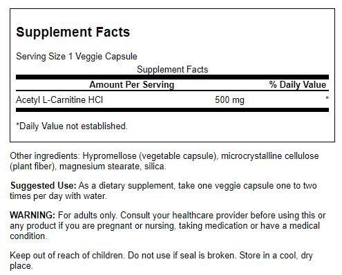 Foto 3 pulgar | Suplemento Swanson Premium Acetil L-carnitina 500 Mg 100 Cápsulas - Venta Internacional.