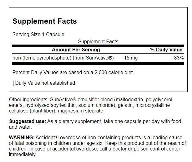 Foto 3 pulgar | Suplemento De Hierro Swanson Sunactive 15 Mg 90 Cápsulas - Venta Internacional.