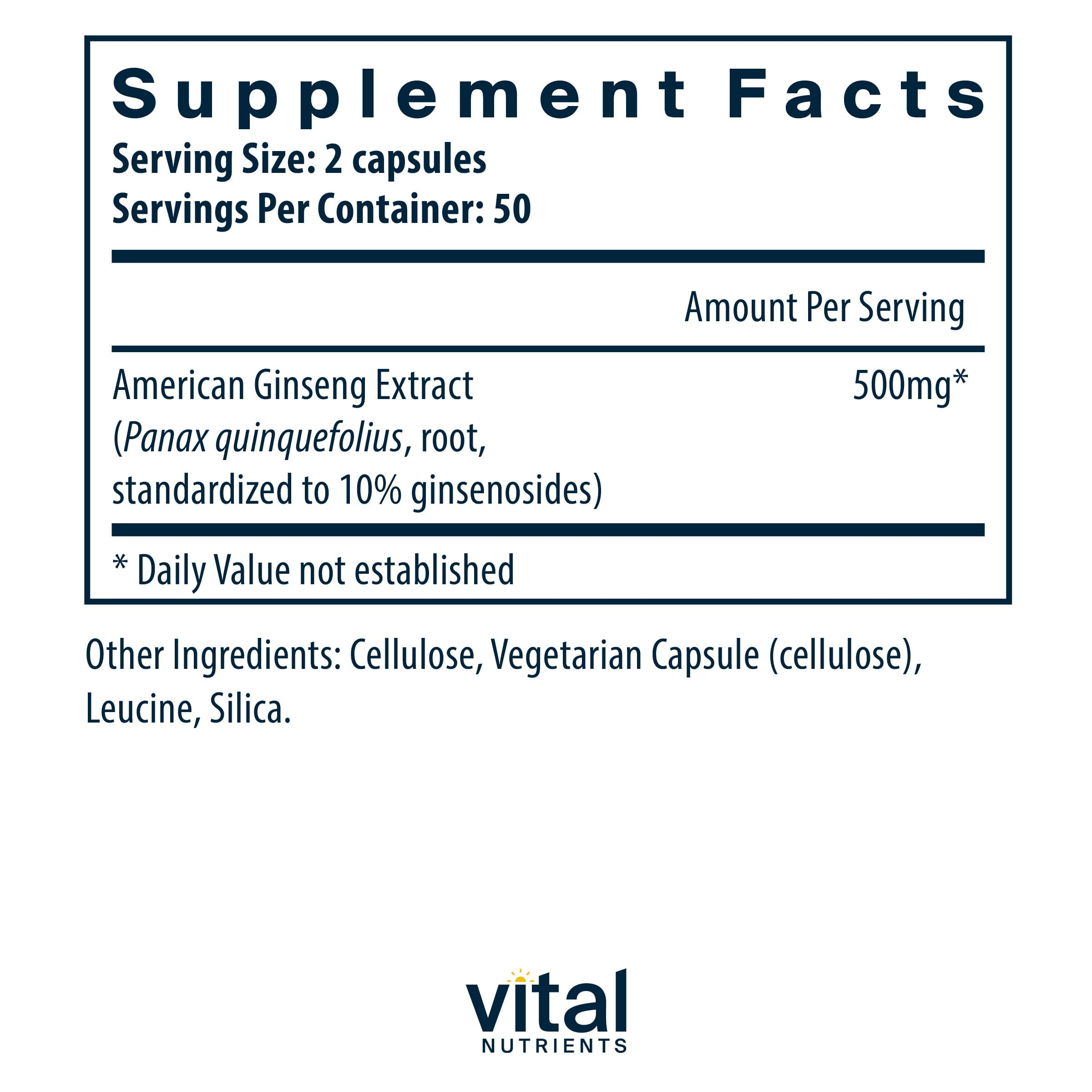Foto 3 pulgar | Suplemento Vital Nutrients American Ginseng 250 Mg 100 Cápsulas - Venta Internacional.