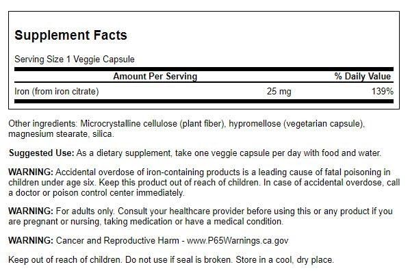 Foto 3 pulgar | Suplemento De Citrato De Hierro Swanson 25 Mg, 60 Cápsulas Vegetarianas - Venta Internacional.