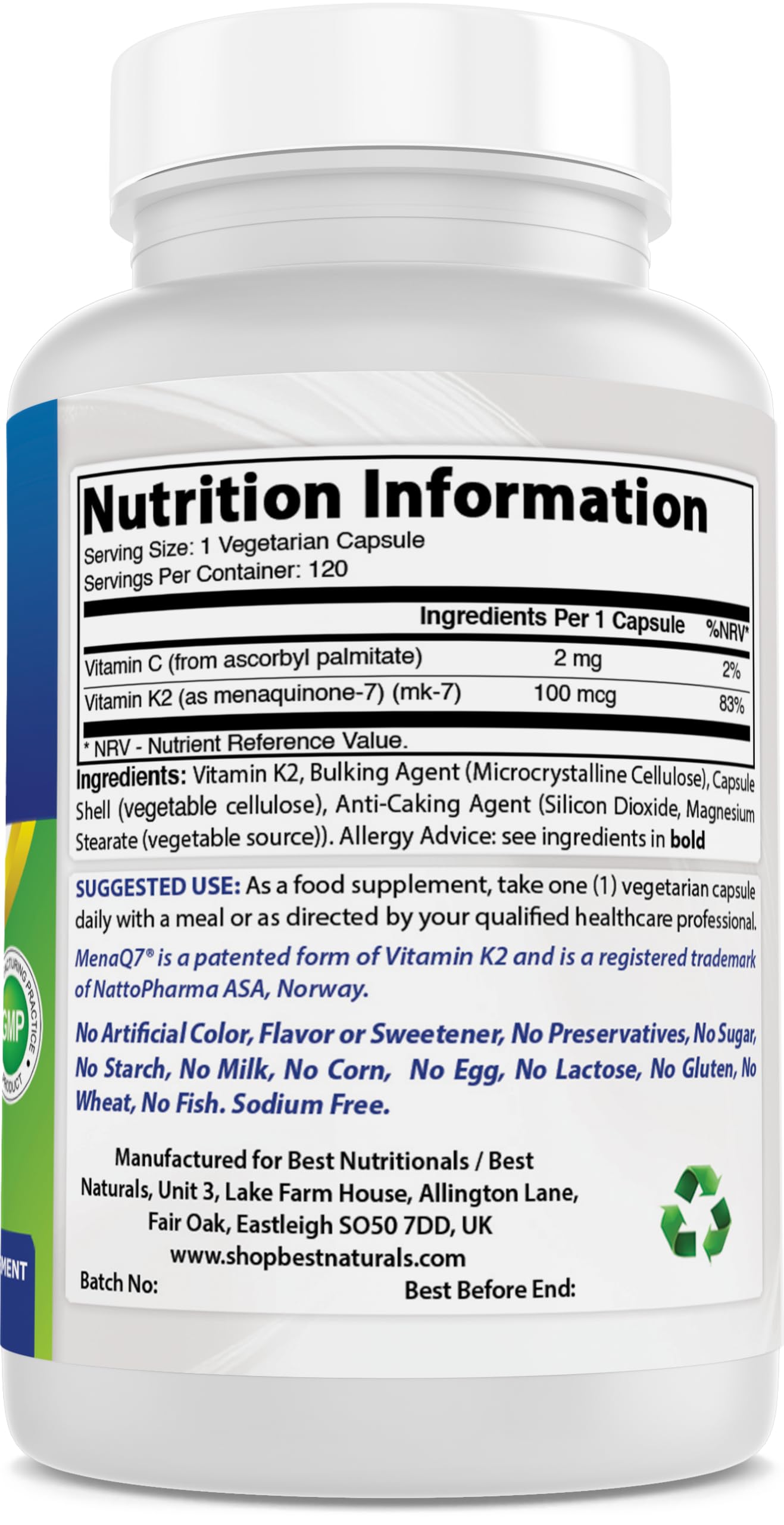 Foto 2 | Suplemento Best Naturals Mk-7 De Vitamina K2, 100 Mcg, 120 Cápsulas - Venta Internacional.