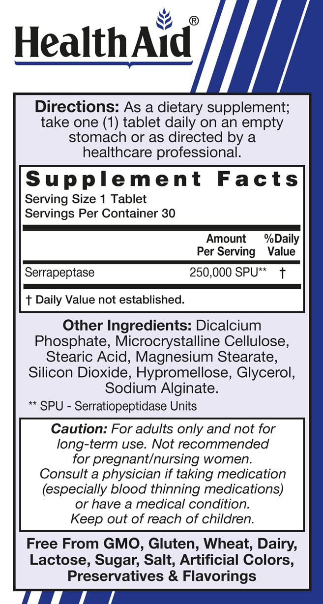 Foto 3 pulgar | Suplemento Healthaid Serrapeptase 250.000 Spu 30 Comprimidos - Venta Internacional.