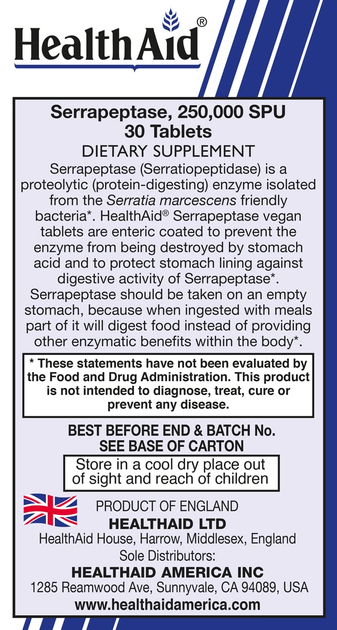 Foto 3 | Suplemento Healthaid Serrapeptase 250.000 Spu 30 Comprimidos - Venta Internacional.