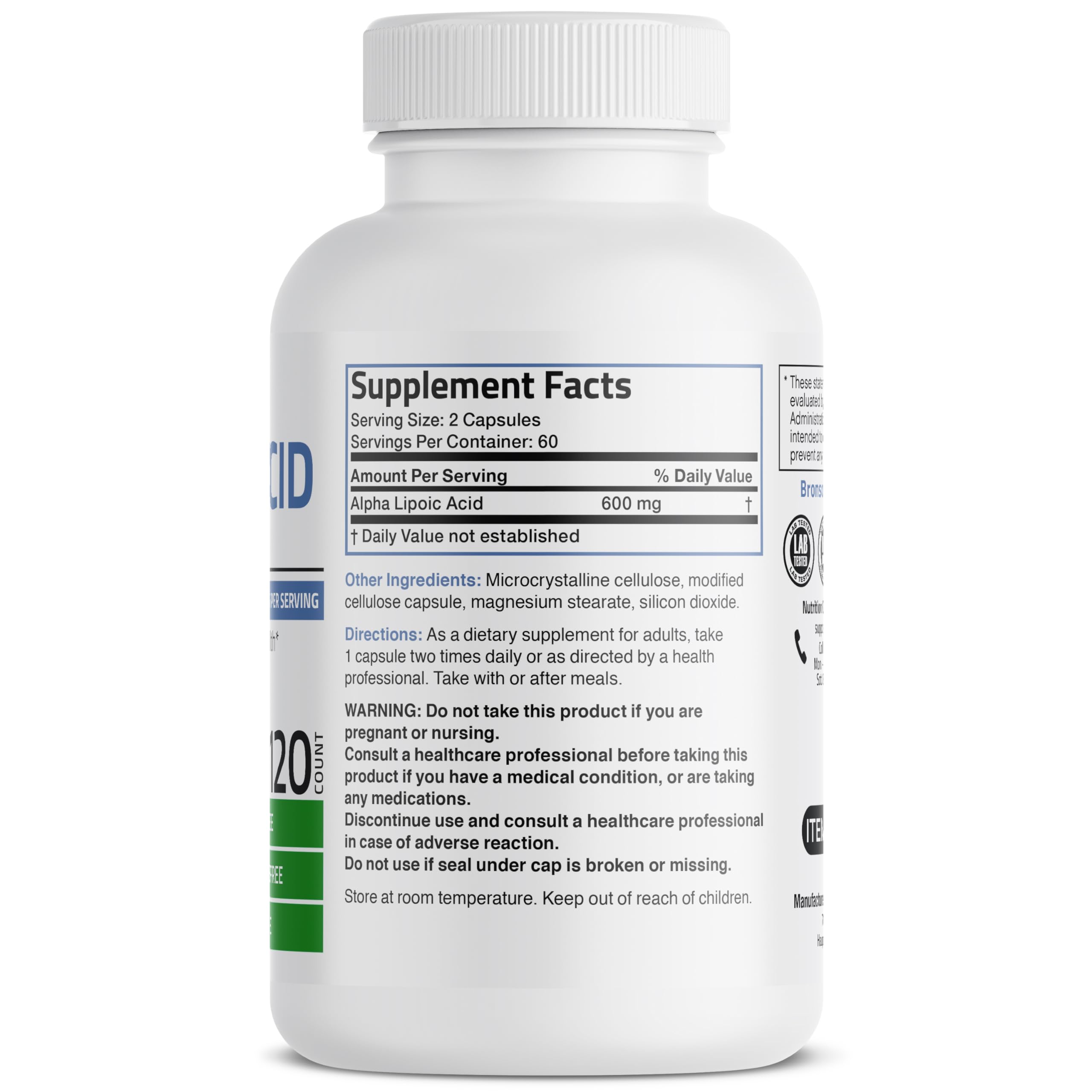 Foto 3 pulgar | Suplemento De Ácido Alfa Lipoico Bronson 600 Mg 120 Cápsulas - Venta Internacional.