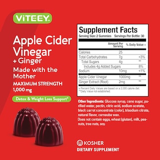Foto 4 | Complemente Las Gomitas De Vinagre De Sidra De Manzana Viteey De 1000 Mg Con Jengibre - Venta Internacional.