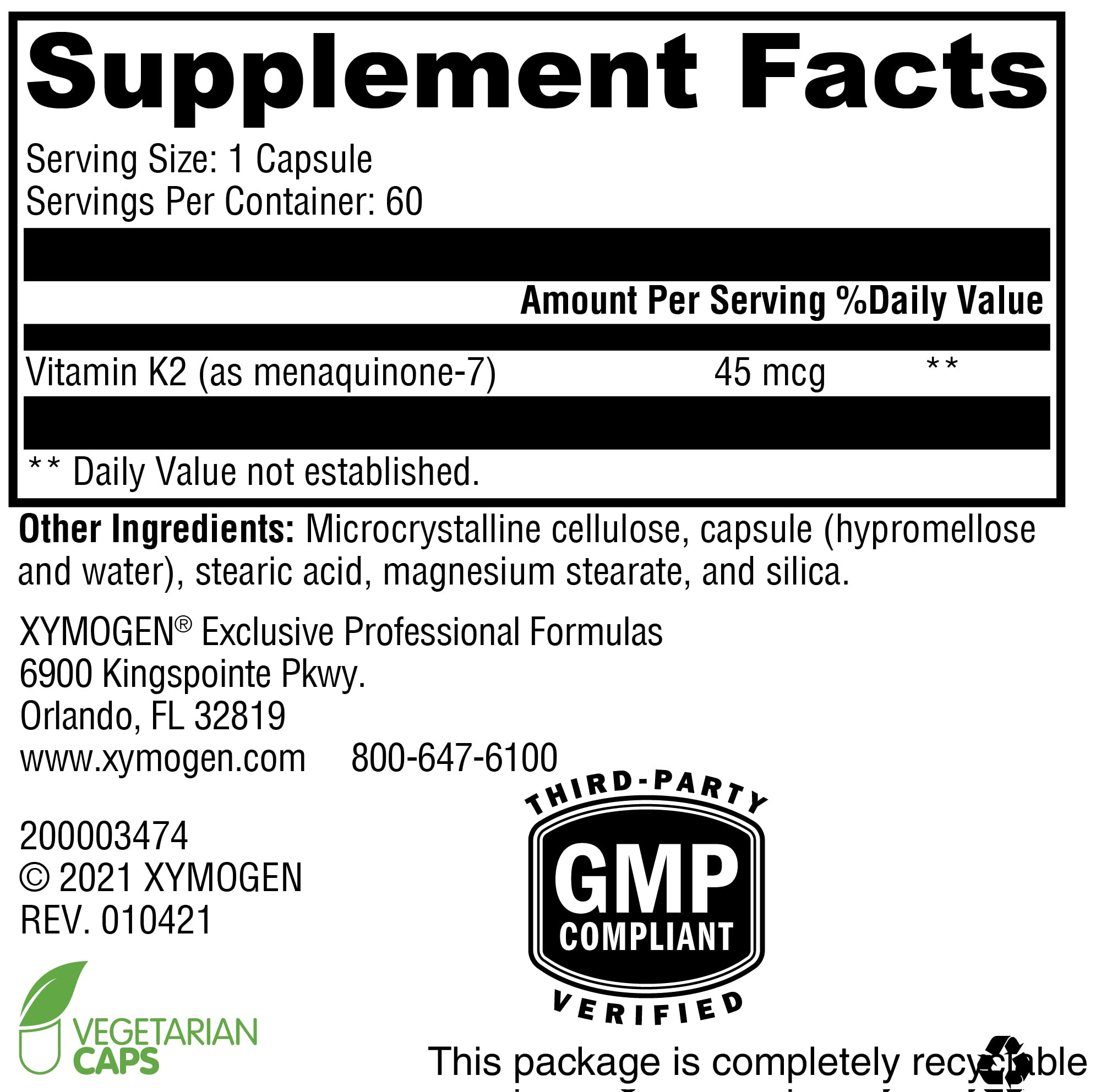 Foto 8 pulgar | Suplemento Xymogen K2-45 De Vitamina K2 Mk-7 45 Mcg 60 Cápsulas - Venta Internacional.