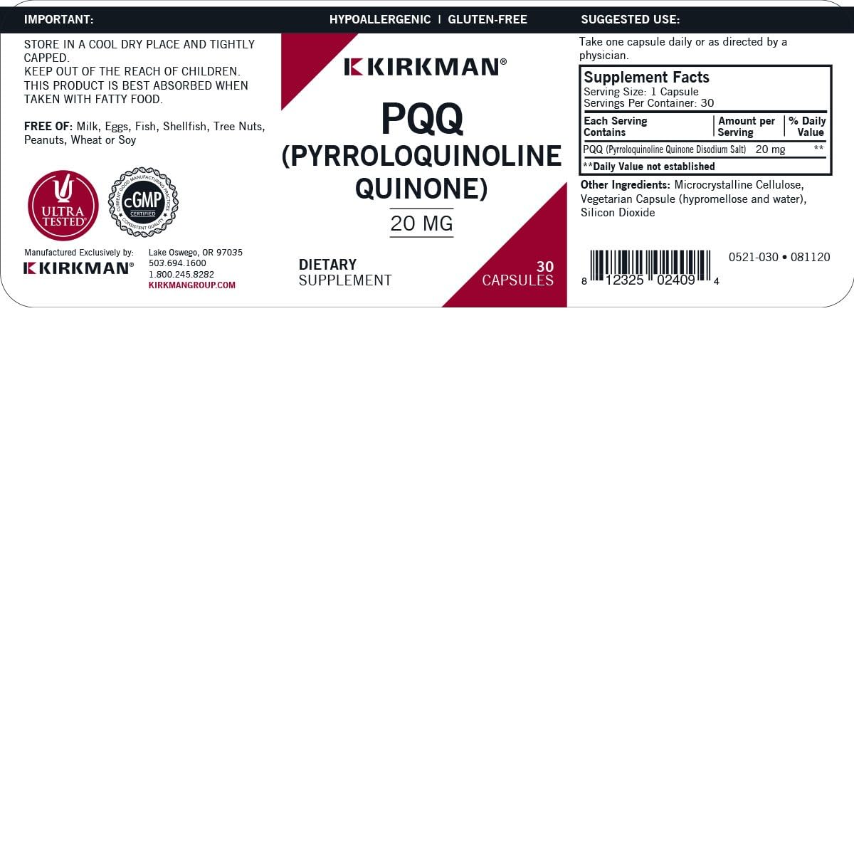 Foto 4 pulgar | Suplemento Kirkman Pqq (pirroloquinolina Quinona) 20 Mg 30 Ca - Venta Internacional.