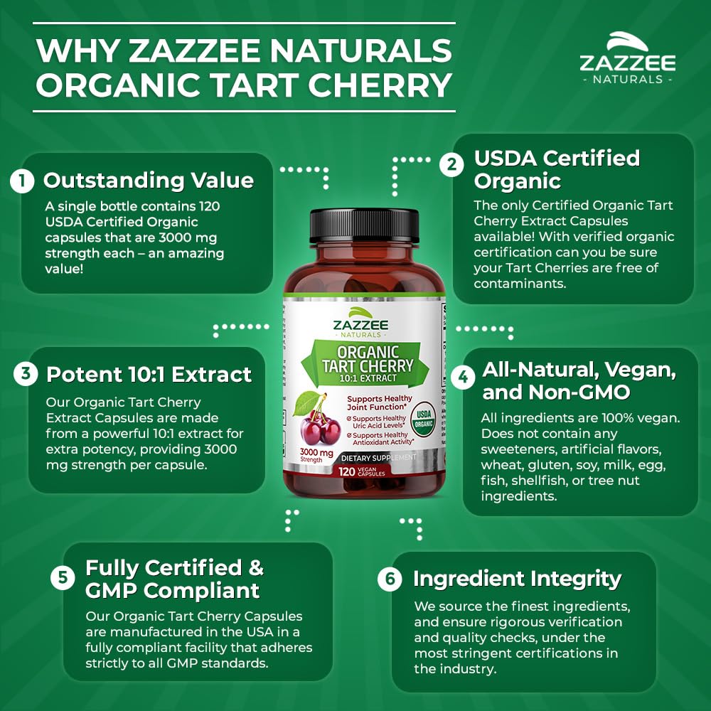 Foto 7 pulgar | Suplemento Zazzee Usda Organic Tart Cherry 3000 Mg 120 Cápsulas - Venta Internacional.