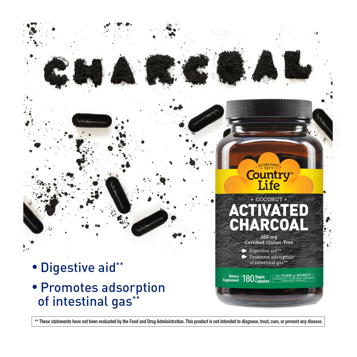Foto 2 | Cápsulas De Carbón Activado Country Life 260 Mg 180 Veganas - Venta Internacional.