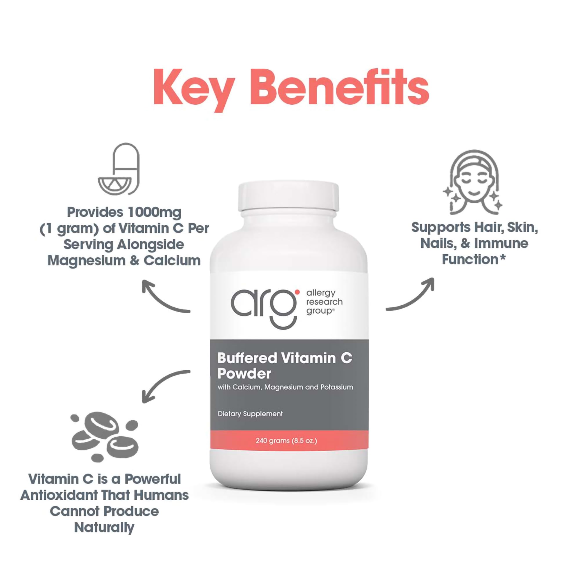 Foto 4 | Vitamina C En Polvo Allergy Research Group, Tamponada, 240 G - Venta Internacional.