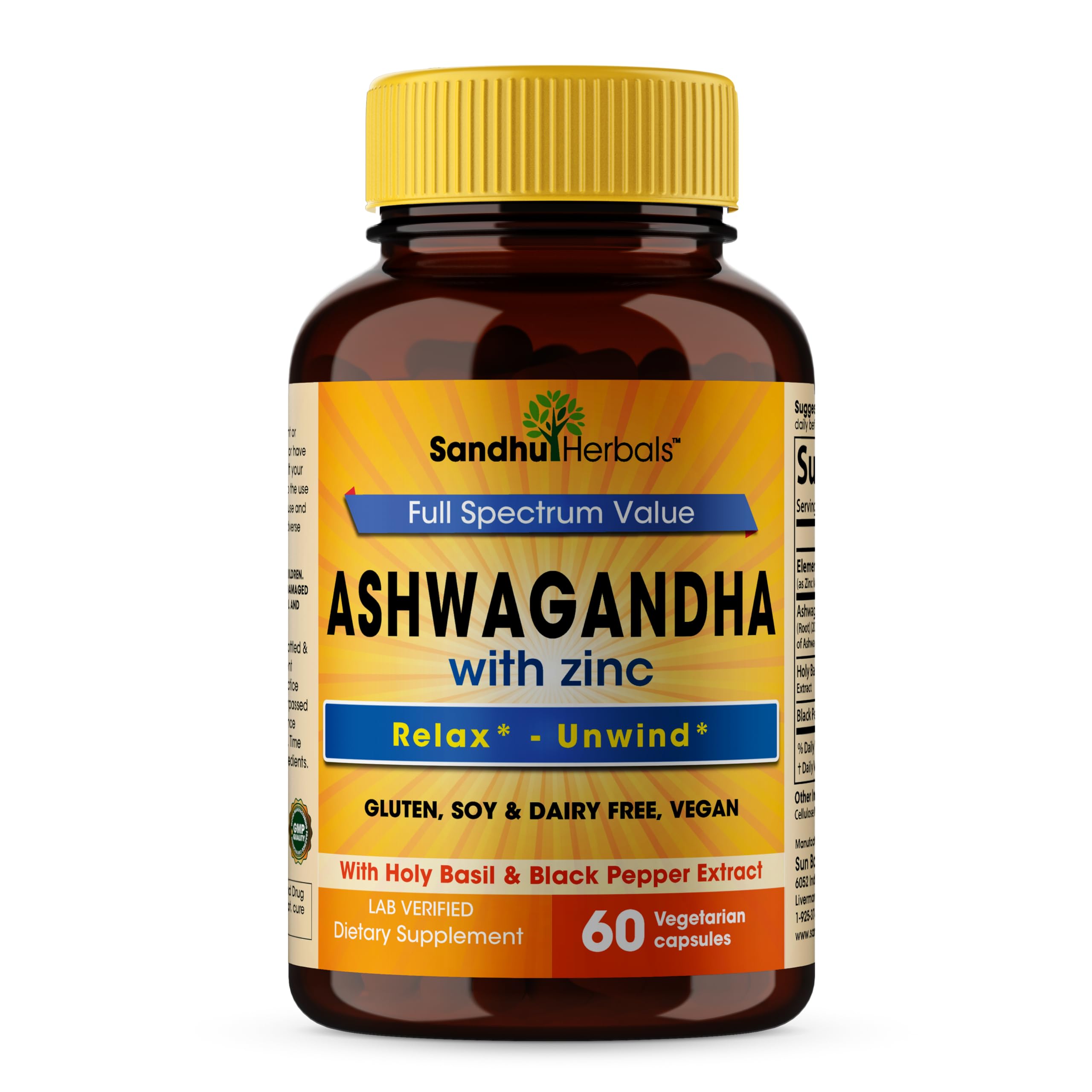Foto 2 pulgar | Suplemento Sandhuherbals Ashwagandha Con Zinc 60 Cápsulas - Venta Internacional.