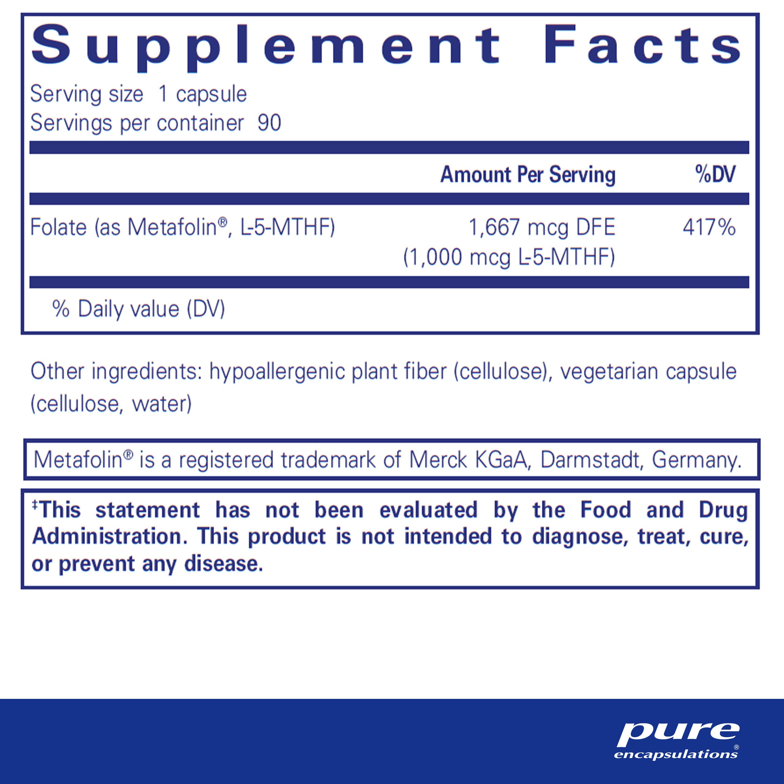 Foto 3 pulgar | Suplemento Pure Encapsulations Folate 1000 Metafolin L-5-mthf - Venta Internacional.
