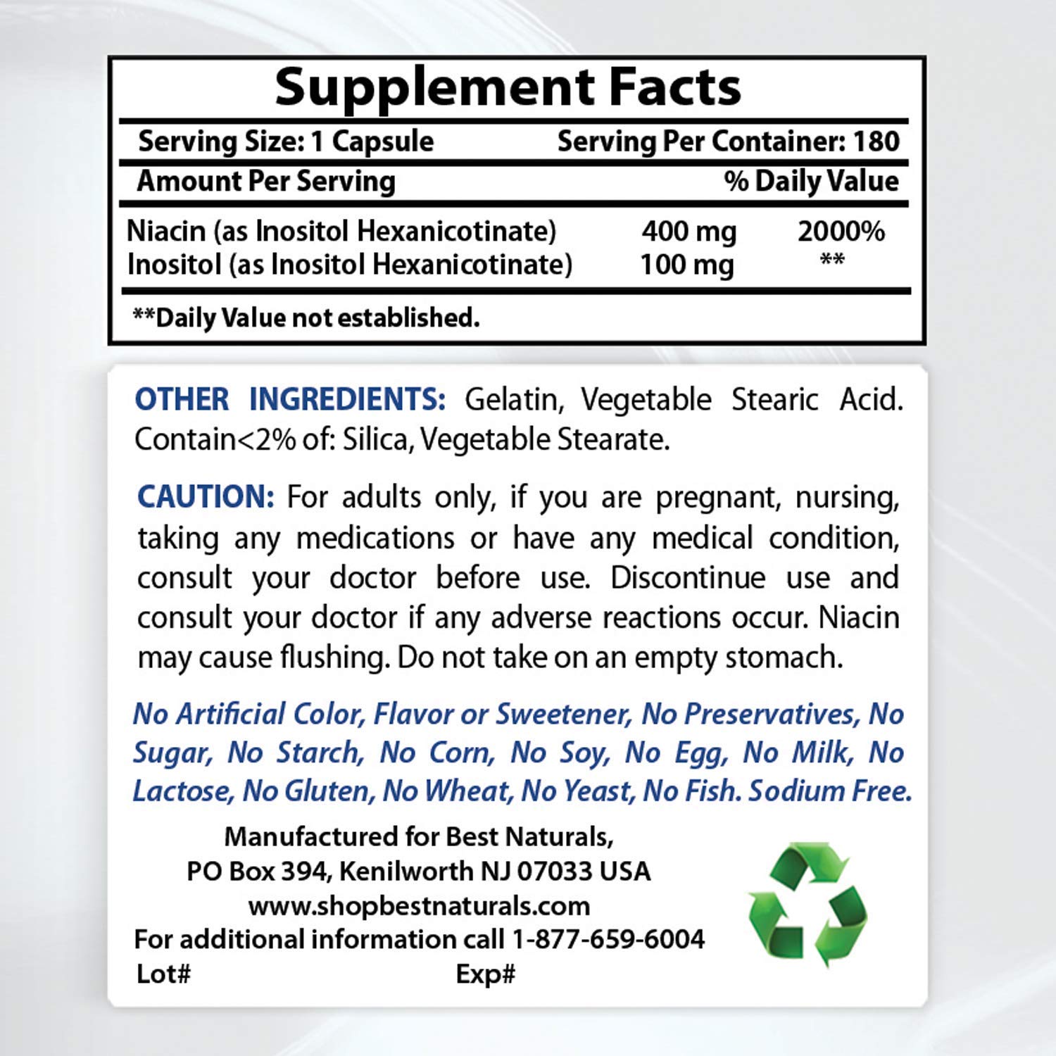 Foto 2 | Suplemento Best Naturals De Niacina Sin Flush, 500 Mg, 180 Cápsulas - Venta Internacional.