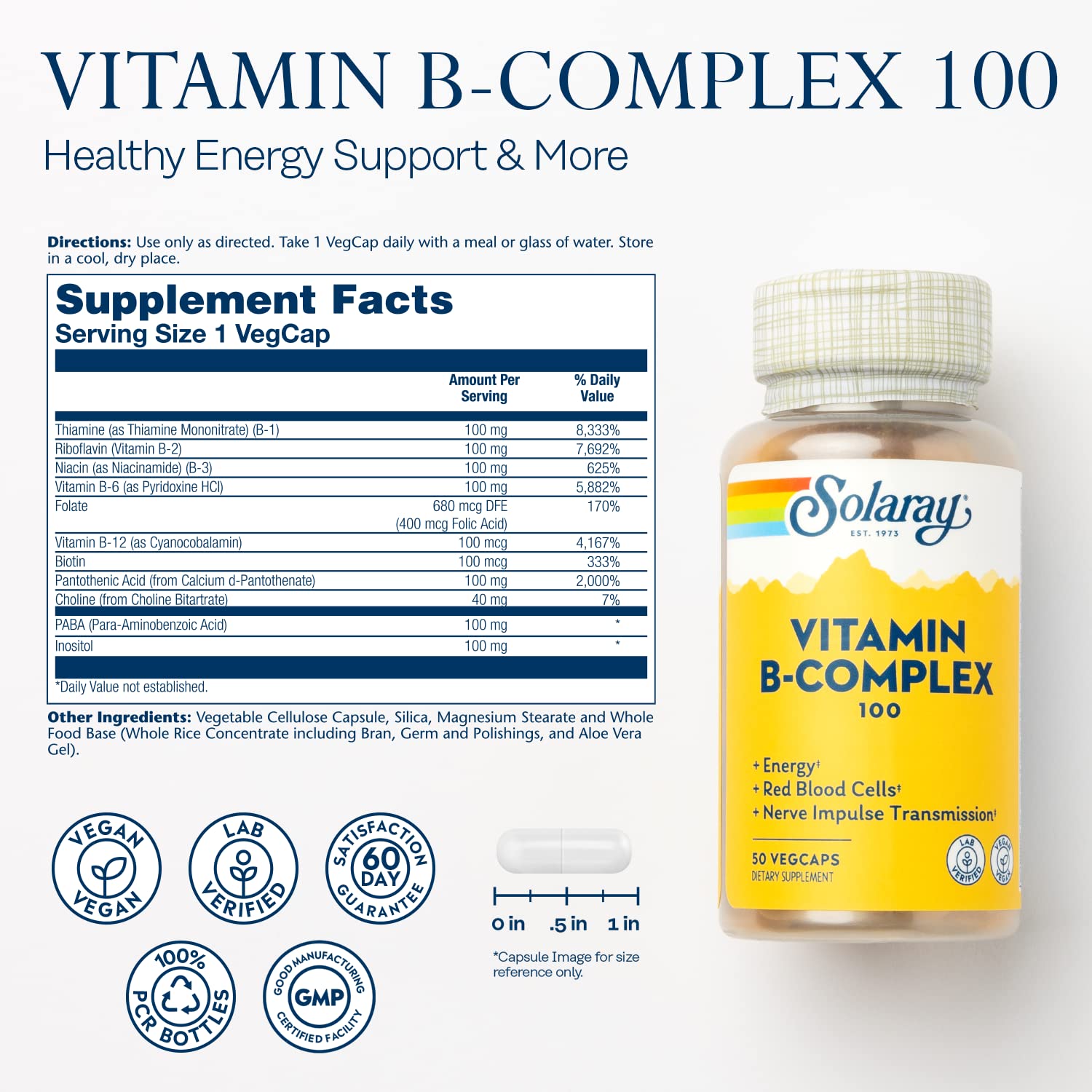 Foto 3 pulgar | Suplemento De Complejo De Vitamina B Solaray, 100 Mg, Vegano, 50 Unidades - Venta Internacional.