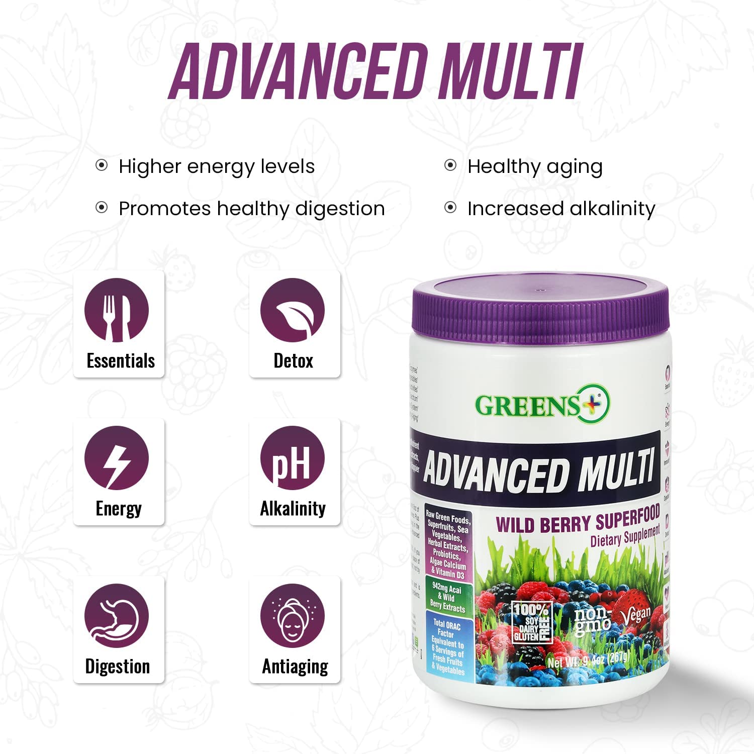 Foto 7 pulgar | Suplemento Greens+ Advanced Multi Wild Berry 275 Ml - Venta Internacional.