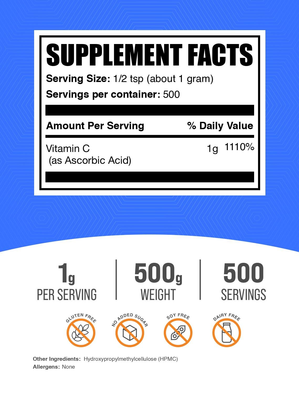 Foto 3 pulgar | Vitamina C En Polvo Bulksupplements.com Ácido Ascórbico 500 G - Venta Internacional.