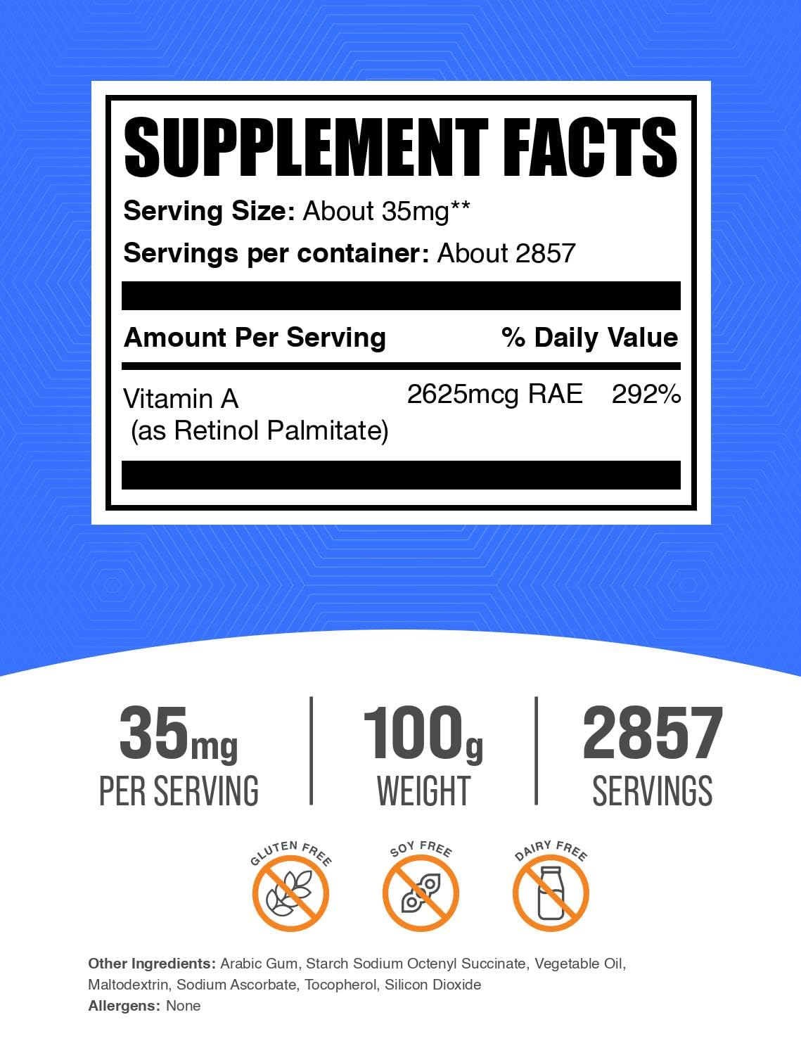 Foto 3 pulgar | Palmitato De Vitamina A En Polvo Bulksupplements.com 100 G - Venta Internacional.