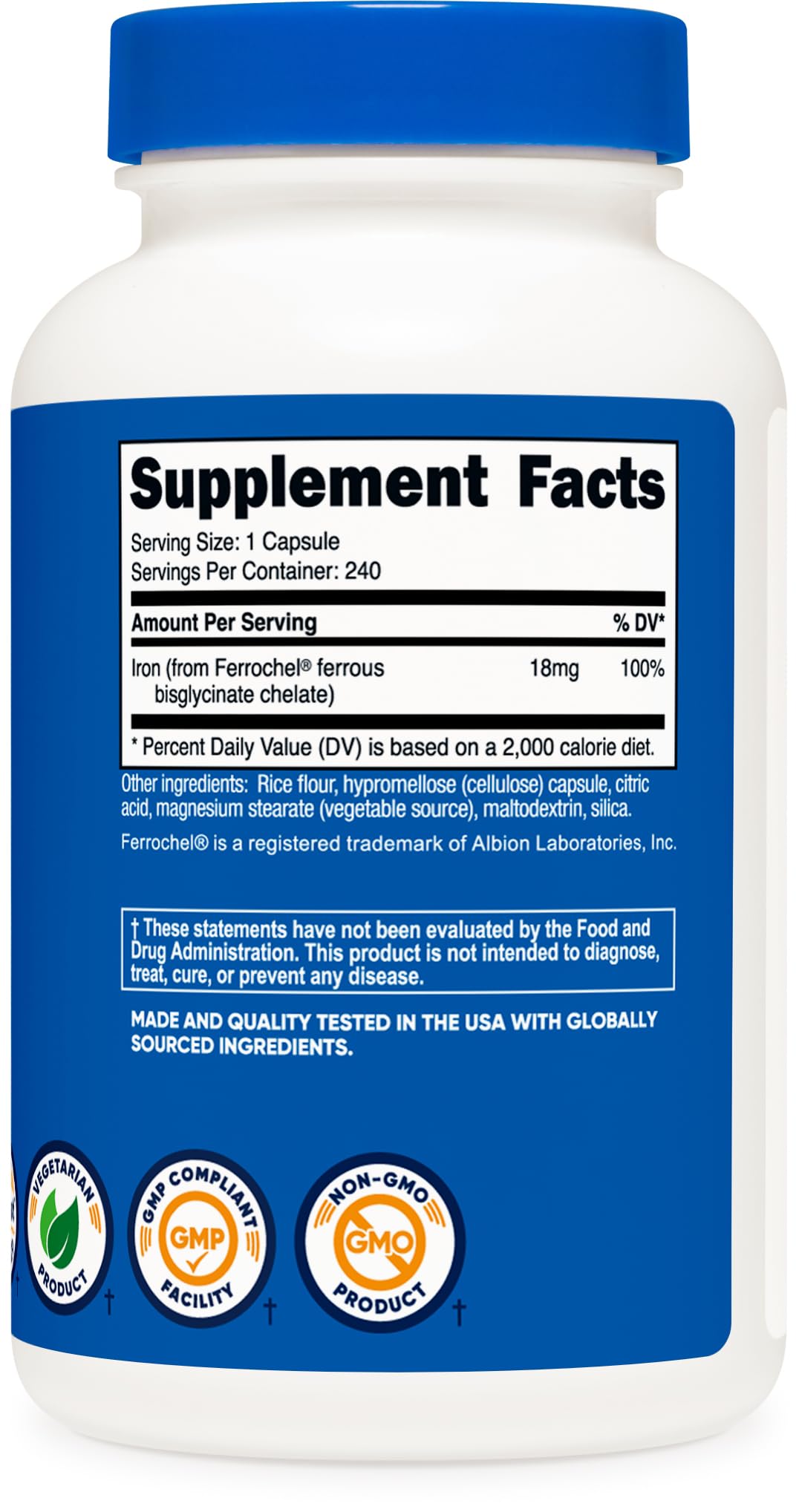 Foto 6 pulgar | Suplemento De Hierro Nutricost Quelated Iron 18 Mg 240 Cápsulas - Venta Internacional.